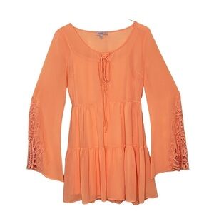 BLU-PEPPER VINTAGE Dress Mini Peach/Orange Bell sleeves Lace up Large Juniors